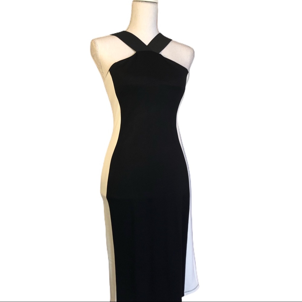 Black and Cream Cross-Neck Bodycon Dress